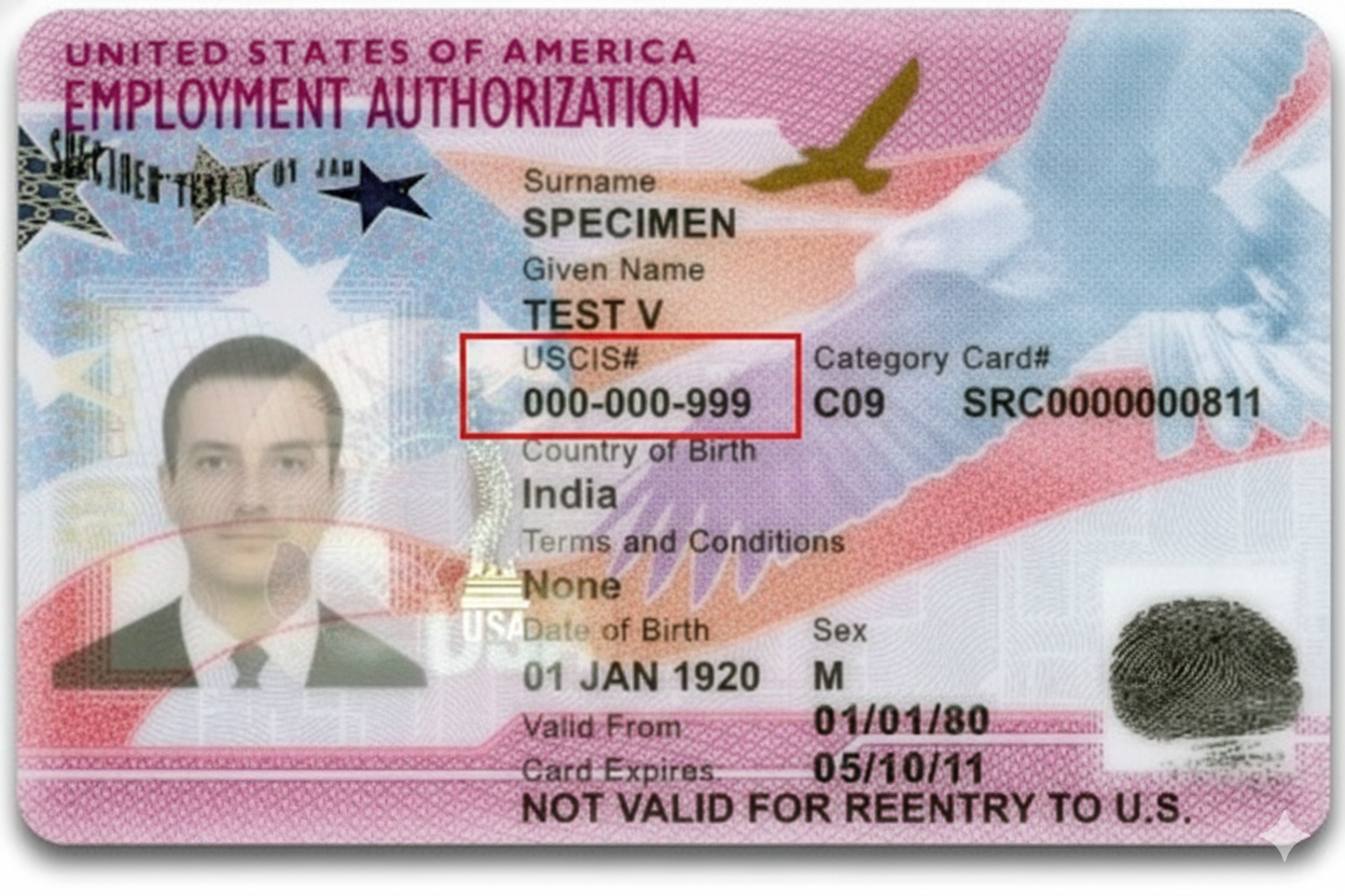 美国移民局EAD工卡样本，红框标注了USCIS号码（即A-Number）的具体位置